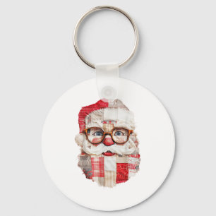 Patchwork Santa Claus Face Preppy Girly Christmas  Keychain