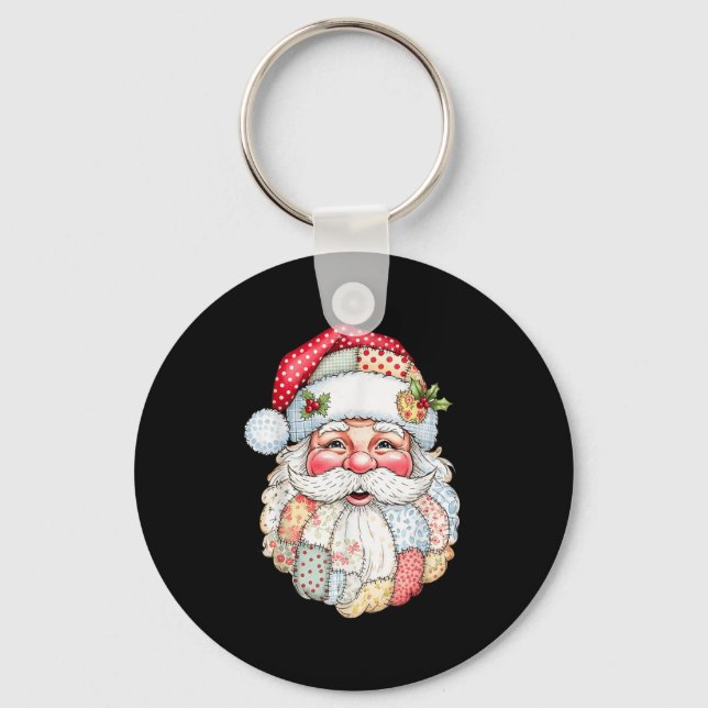 Patchwork Santa Claus Face Preppy Girly Christmas  Keychain (Front)