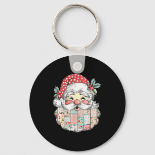 Patchwork Santa Claus Face Vintage Merry Christmas Keychain
