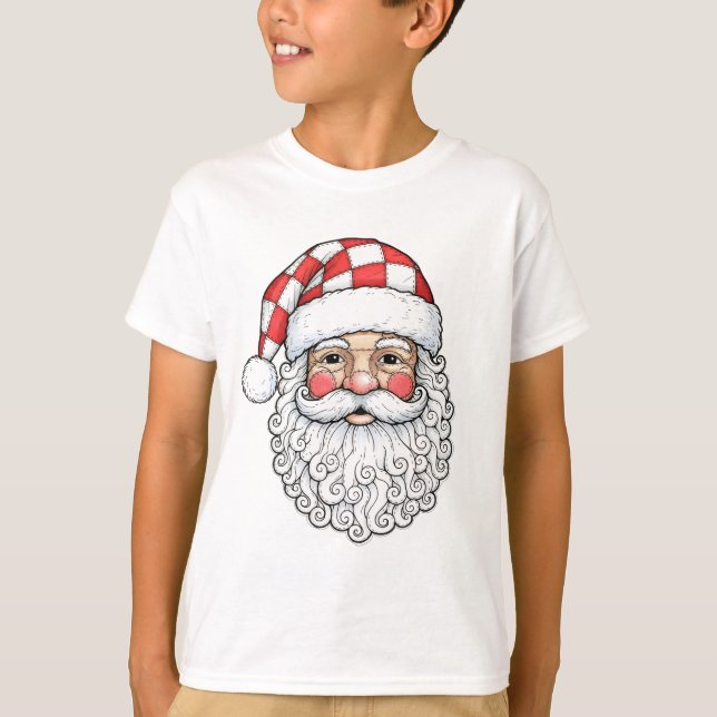 Patchwork Santa Face Doodle Art Pen Ink Style Kids T-Shirt (Front)