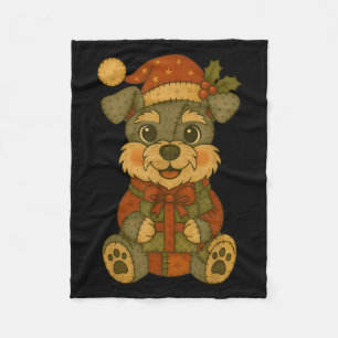 Patchwork Schnauzer Dog With Santa Hat For Christm Fleece Blanket