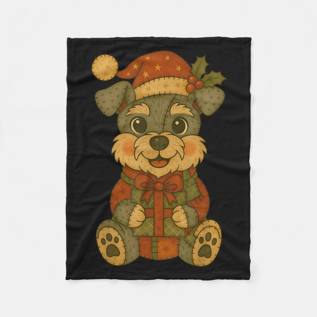 Patchwork Schnauzer Dog With Santa Hat For Christm Fleece Blanket (Front)