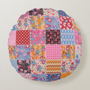 Patchwork seamless, cute fabric pattern. round pillow
