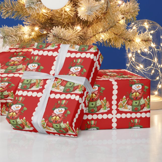 Patchwork Snowman Christmas Red Wrapping Paper (Holidays)
