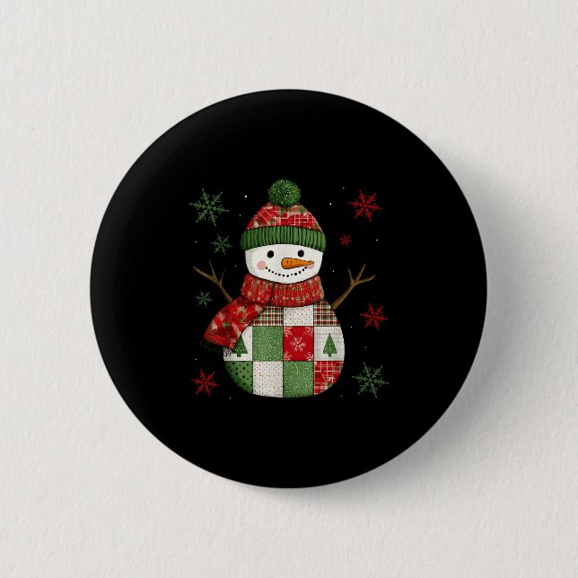 Patchwork Snowman Retro Funny Christmas Snowman Ho 2 Inch Round Button (Front)