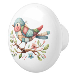Patchwork Songbird on Blooming Branch Ceramic Knob
