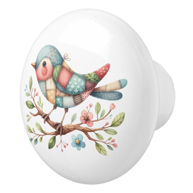 Patchwork Songbird on Blooming Branch Ceramic Knob (Right)