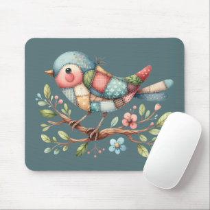 Patchwork Songbird on Blooming Branch Mouse Pad