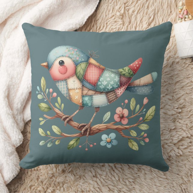 Patchwork Songbird on Blooming Branch Throw Pillow (Blanket)