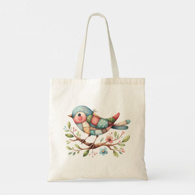 Patchwork Songbird on Blooming Branch Tote Bag (Back)