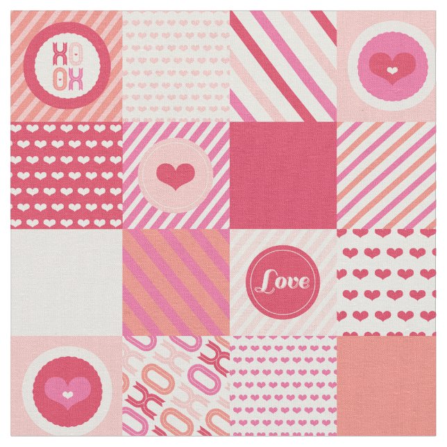 Patchwork Square Love XOXO Pink Hearts Valentine Fabric (Close Up)