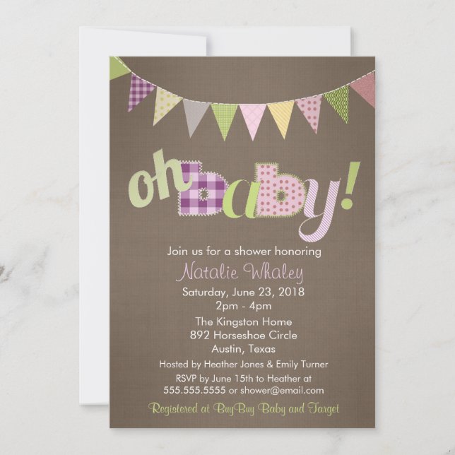Patchwork Stitch Rustic Quilt Banner Baby Shower Invitation (Front)