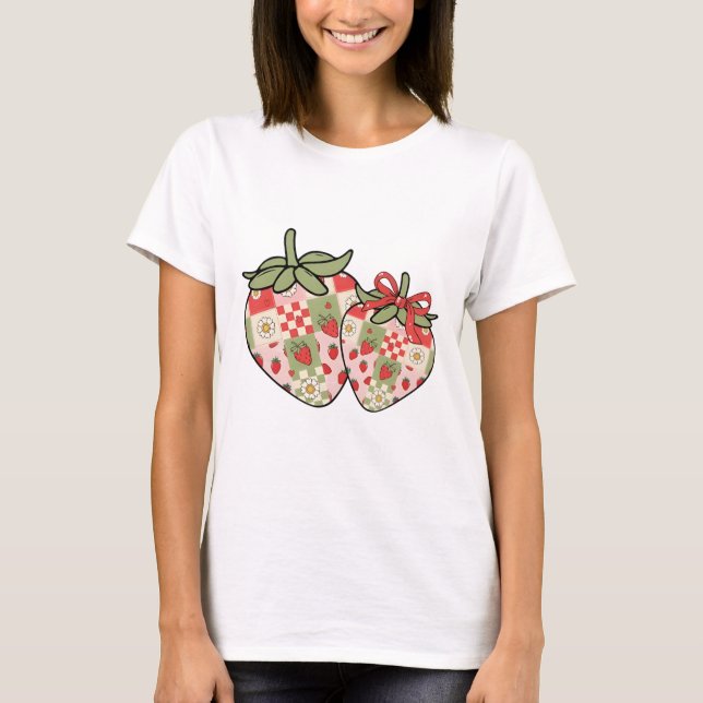 Patchwork Strawberry Hearts Cute Coquette Art T-Shirt (Front)