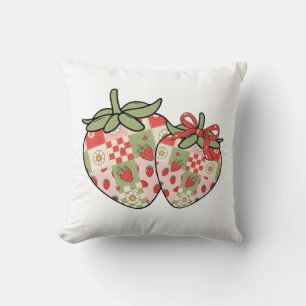 Patchwork Strawberry Hearts Cute Coquette Art Throw Pillow
