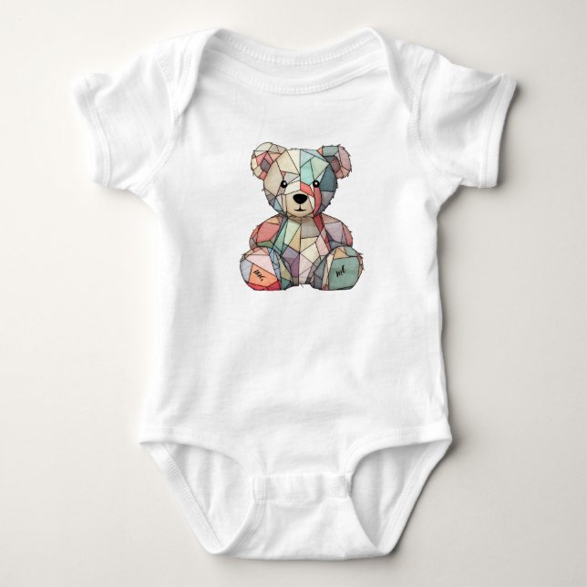 Patchwork Style Baby Bear & Heart Motif  Bodysuit (Front)