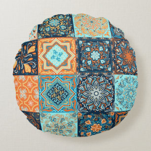 Patchwork Style: Decorative Square Ornaments Round Pillow