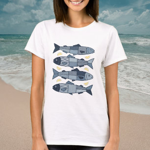 Patchwork Style Sardines Coastal Beach Theme T-Shirt