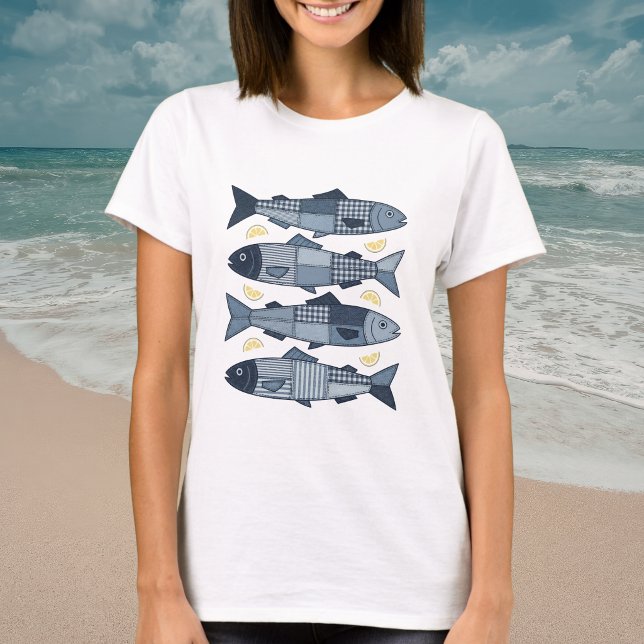 Patchwork Style Sardines Coastal Beach Theme T-Shirt (Creator Uploaded)