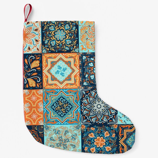 Patchwork Style. Seamless Pattern of 16 decorative Small Christmas Stocking (Front)