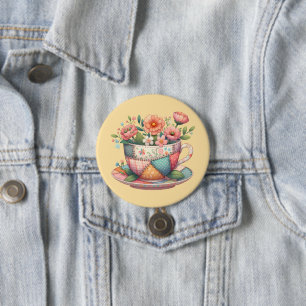 Patchwork Teacup with Whimsical Flowers 3 Inch Round Button