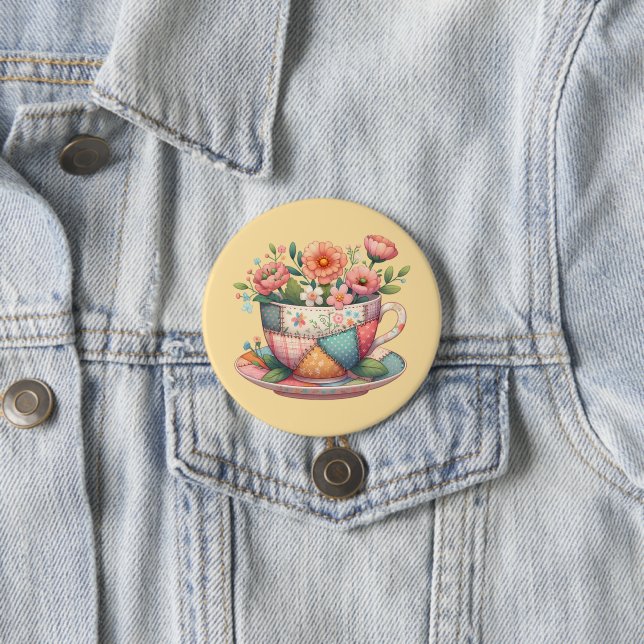 Patchwork Teacup with Whimsical Flowers 3 Inch Round Button (In Situ)