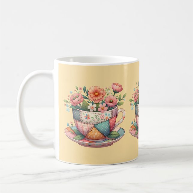 Patchwork Teacup with Whimsical Flowers Coffee Mug (Left)