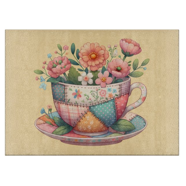 Patchwork Teacup with Whimsical Flowers Cutting Board (Front)