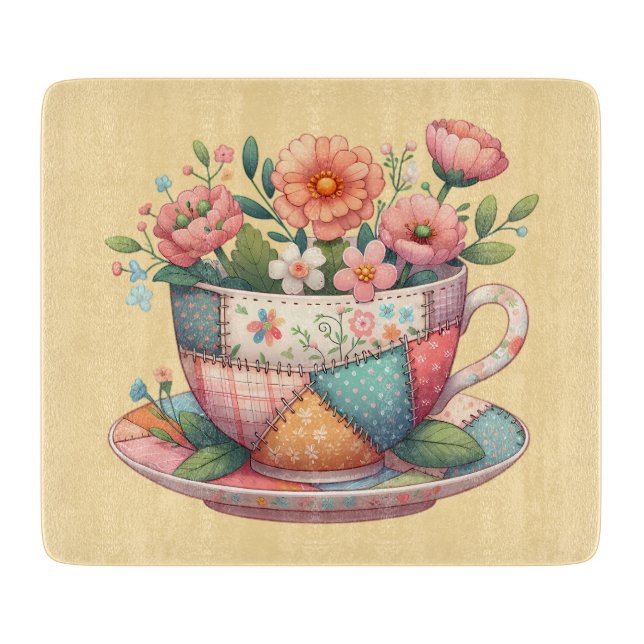 Patchwork Teacup with Whimsical Flowers Cutting Board (Front)