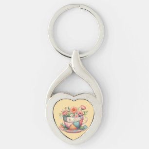 Patchwork Teacup with Whimsical Flowers Keychain