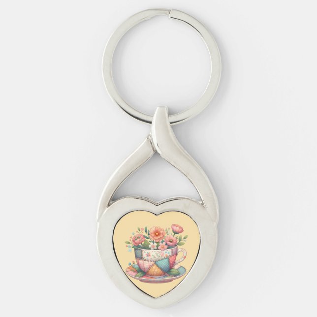 Patchwork Teacup with Whimsical Flowers Keychain (Front)