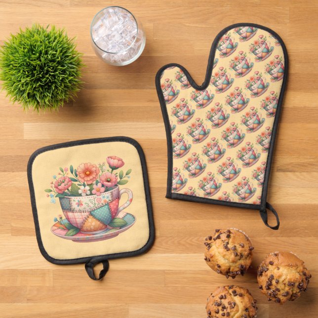 Patchwork Teacup with Whimsical Flowers Oven Mitt & Pot Holder Set (Top Down)