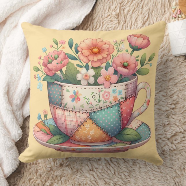 Patchwork Teacup with Whimsical Flowers Throw Pillow (Blanket)