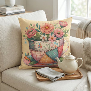 Patchwork Teacup with Whimsical Flowers Throw Pillow