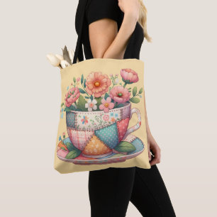 Patchwork Teacup with Whimsical Flowers Tote Bag