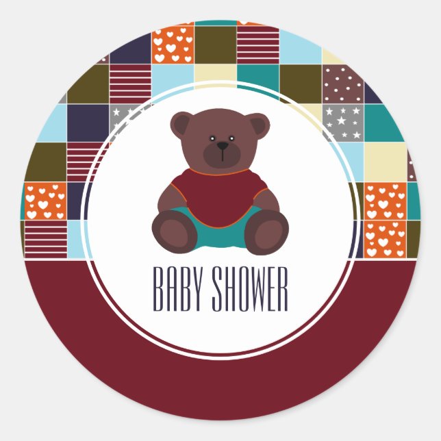 Patchwork Teddy Bear, Baby Shower Classic Round Sticker (Front)