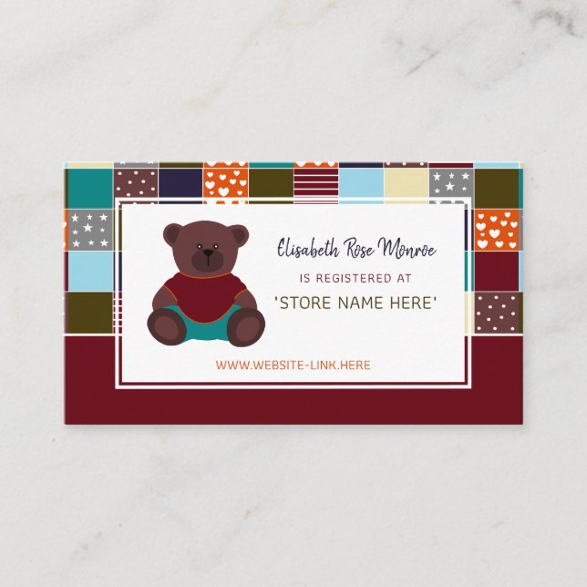 Patchwork Teddy Bear, Baby Shower Gift Registry Enclosure Card (Front)