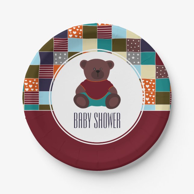 Patchwork Teddy Bear, Baby Shower Paper Plate (Front)
