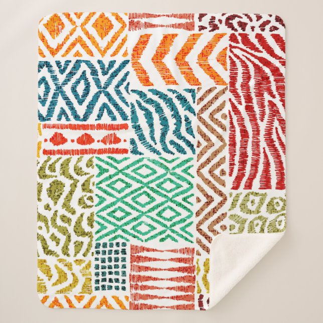 Patchwork Textures: Hand-Drawn Animal Print Sherpa Blanket (Front)