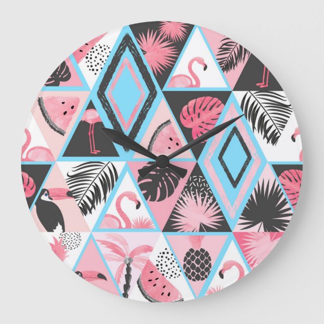 Patchwork tropical flamingo, palm pattern. large clock (Front)