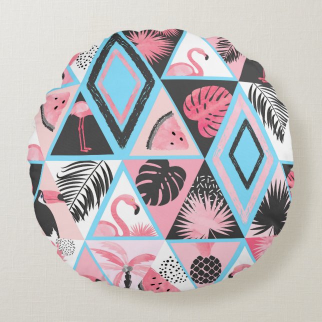 Patchwork tropical flamingo, palm pattern. round pillow (Front)