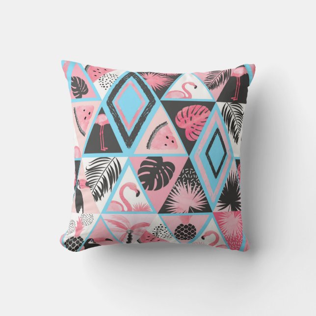 Patchwork tropical flamingo, palm pattern. throw pillow (Front)