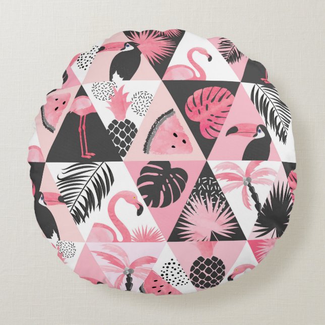 Patchwork Tropical: Flamingo Watermelon Seamless. Round Pillow (Front)