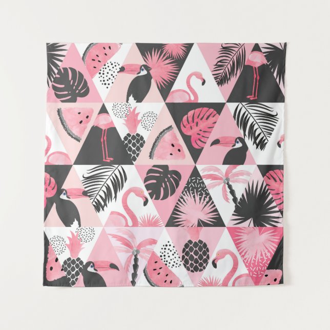 Patchwork Tropical: Flamingo Watermelon Seamless. Tapestry (Front)