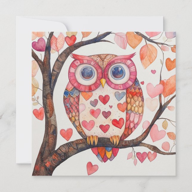 Patchwork Watercolor Owl Valentine Card (Front)