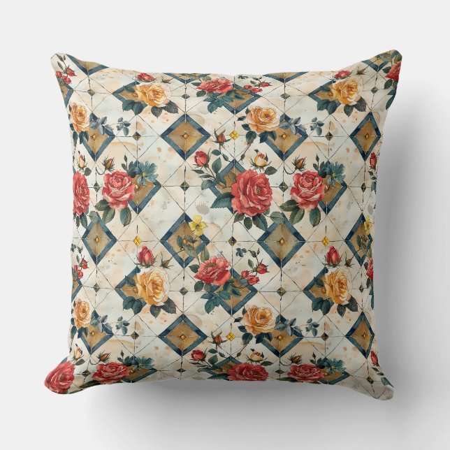 Patchwork watercolor roses, chequered, polka dots, throw pillow (Front)