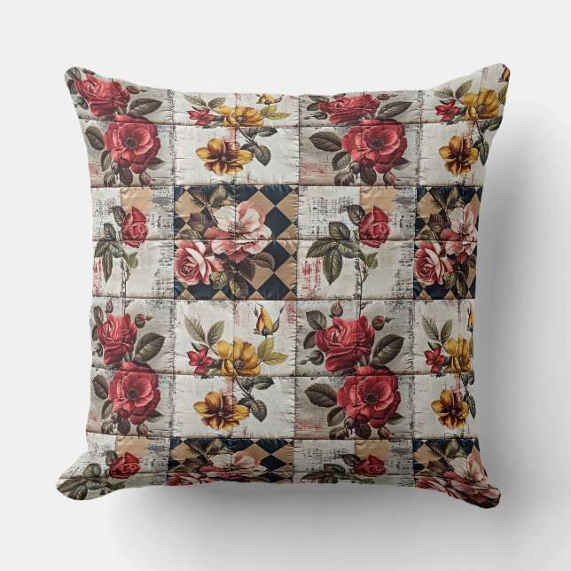 Patchwork watercolor roses, chequered, polka dots, throw pillow (Front)
