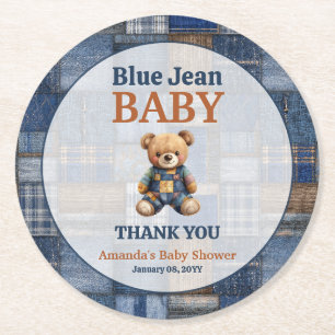 Patchwork Western Denim Bear Blue Jean Baby Shower Round Paper Coaster
