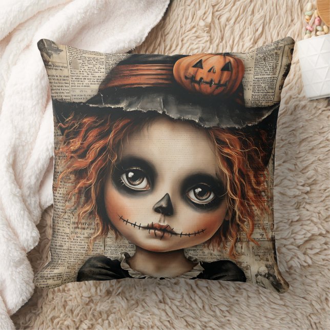 Patchwork Whimsy: The Doll Who Waits in Shadows Throw Pillow (Blanket)