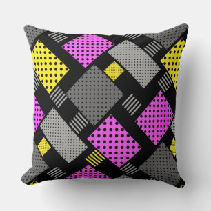 Patchwork with polka dots and stripes purple yello throw pillow