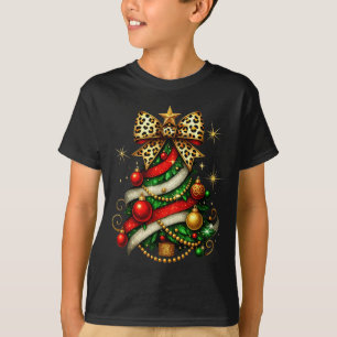 Patchwork Xmas Merry Christmas Tree Coquette Leopa T-Shirt
